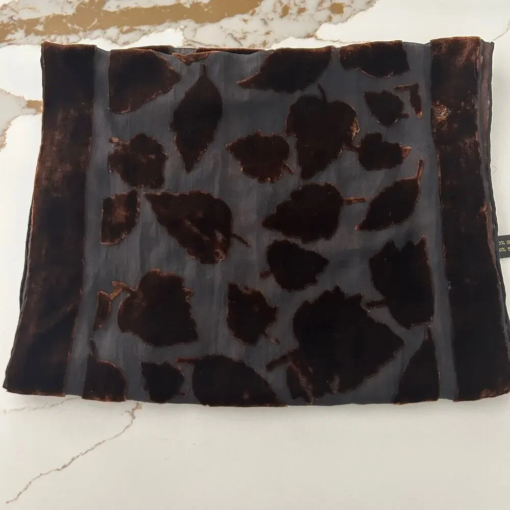 Silk Velvet Burnout Scarf Brown Leaf Floral Wrap Sheer Luxury Shawl Elegant